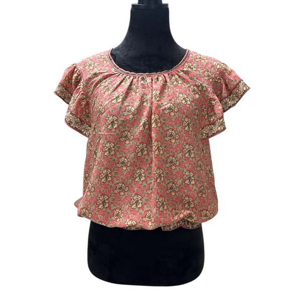 Max Studio Floral Ruffle Sleeve Blouse Pink Boho Bubble Hem Top Size Medium - Picture 6 of 8